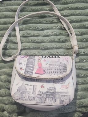 White Italia Print Crossbody Bag with Pink Accent